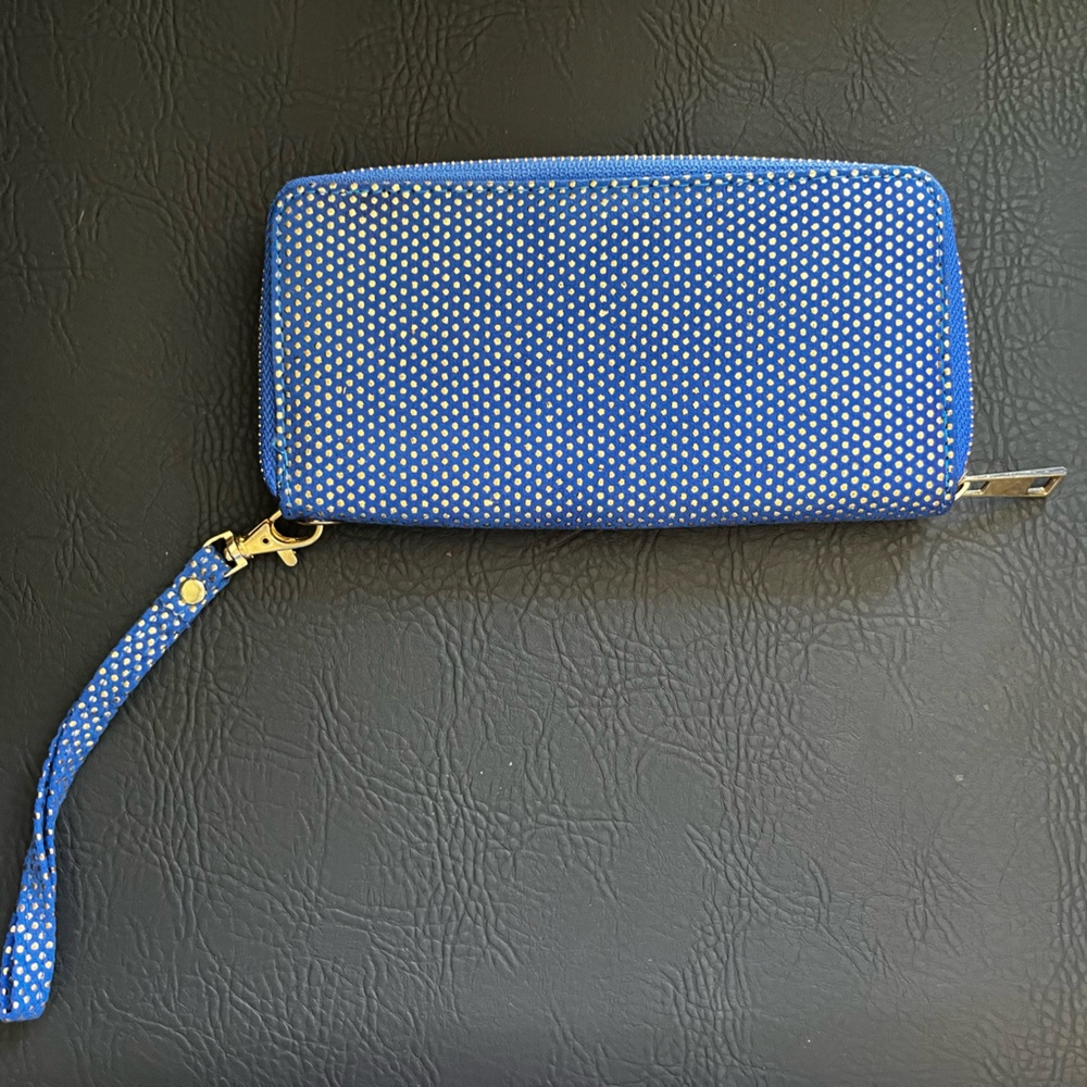 Blue Polka Dot Wallet with Wrist Strap
